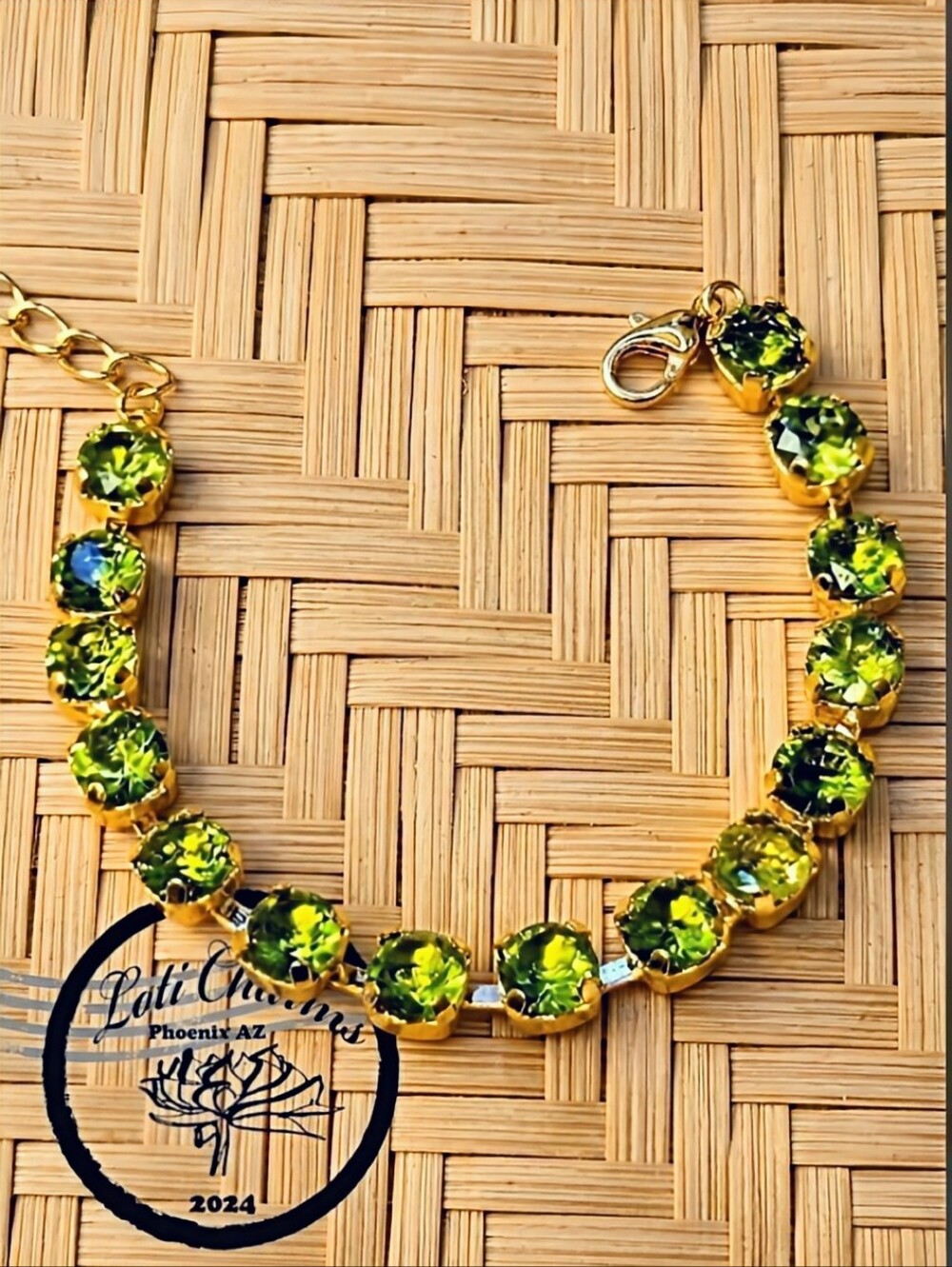 Natural Green Peridot 12.75  Total Carats In Classic Gold Plated Tennis Bracelet